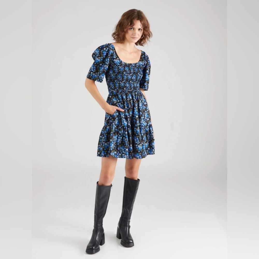 Gap Puff Sleeve Smocked Mini Dress in Blue Floral Size XS Petite